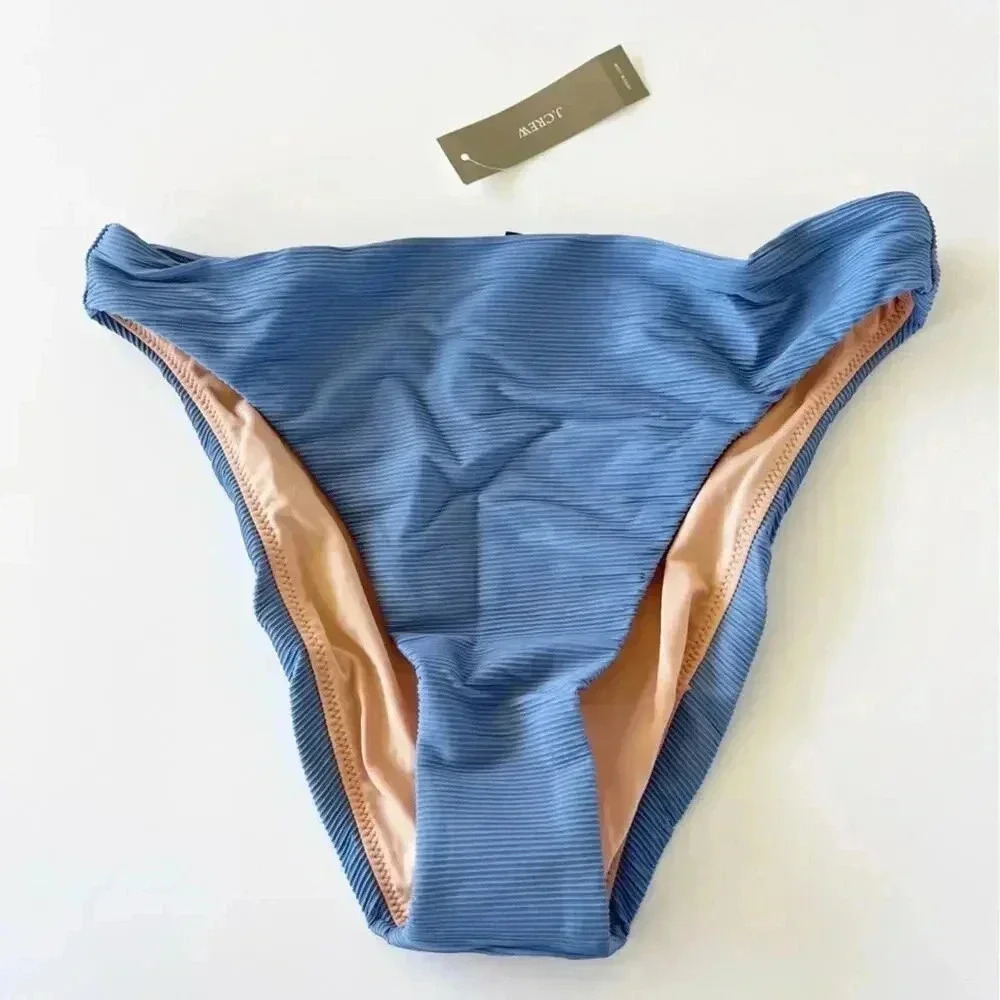 J Crew Ribbed high rise cheeky bikini bottom in Retro Blue Size Small NWT